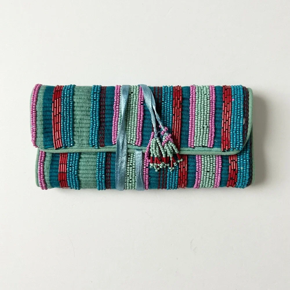 Anthropologie Danica Beaded Embellished Jewelry Roll Organizer Pouch Striped